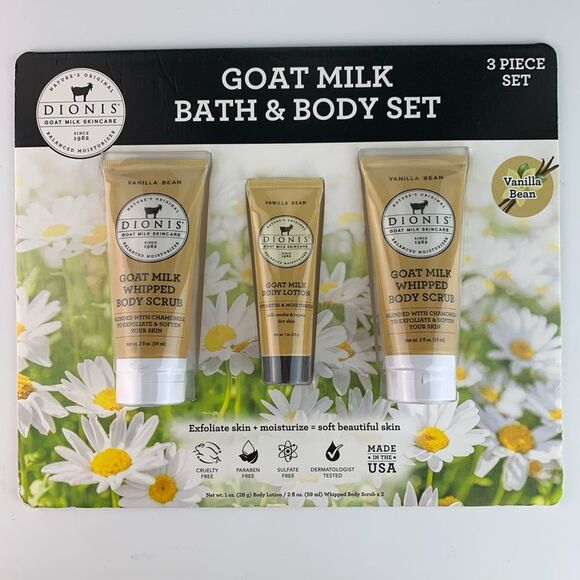 New Dionis goat milk bath & body 3 piece set 1oz body lotion/ 2 2oz body scrub - Picture 1 of 6